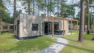 Moderne Timber Cottage 6 tiny house blandt høje træer, med udendørs spiseplads og grønne omgivelser.