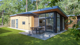 Modern Lodge 6 tiny house featuring a wood exterior, large windows, and patio in a lush forest setting.