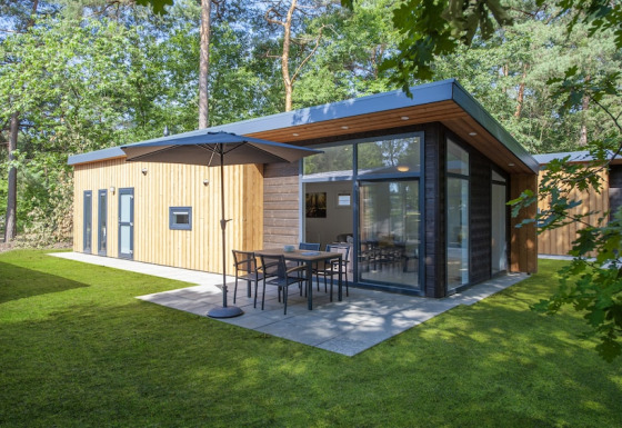 Modern Lodge 6 tiny house featuring a wood exterior, large windows, and patio in a lush forest setting.