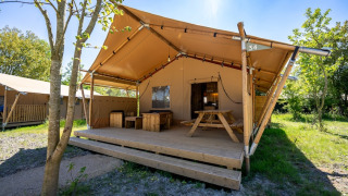 Tenda safari con veranda in legno, tavolo da picnic e panche, immersa nel verde naturale e luminoso.