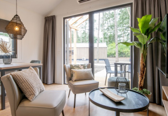 Soggiorno moderno nel Tiny House 2 con ampie finestre, arredo accogliente e vista bosco a Bospark 't Wolfsven.