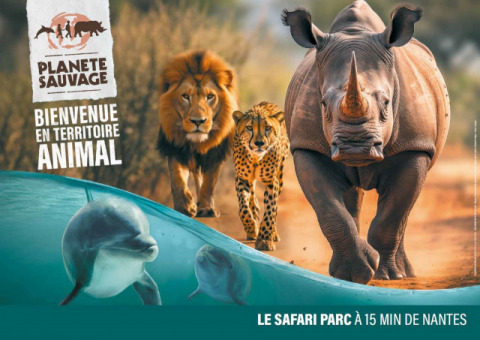 Manifesto del Safari Park Planète Sauvage con rinoceronte, leone, ghepardo e delfini vicino a Nantes, Francia.