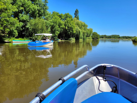 Barche che navigano lentamente sul fiume vicino a Saint-Philbert-de-Grand-Lieu, Pays de la Loire, Francia, tra alberi verdi.