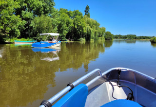 Barche che navigano lentamente sul fiume vicino a Saint-Philbert-de-Grand-Lieu, Pays de la Loire, Francia, tra alberi verdi.