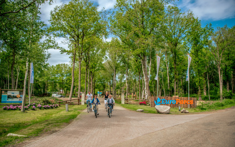 Gezinnen fietsen bij de ingang van EuroParcs Ruinen, Velthorst Lodge, omringd door een groene bosrijke omgeving.