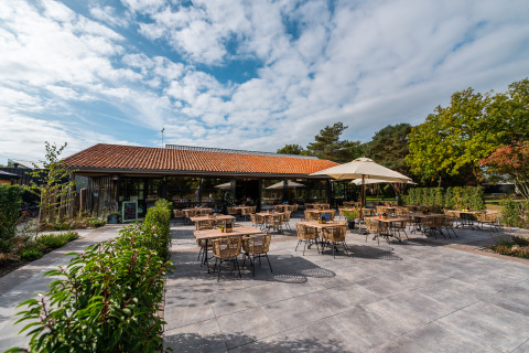 Buitenterras bij Lodge Velthorst op EuroParcs Ruinen, Nederland, met tafels, stoelen en parasols.