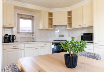 Helle Küche im Wilbrinkchalet im Freizeitpark De Boshoek mit Holztisch, Pflanze und modernen Geräten.