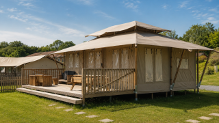 Das Safari-Zelt Stardust 40 Family Lodge mit Holzterrasse und Gartenmöbeln in grüner Umgebung.