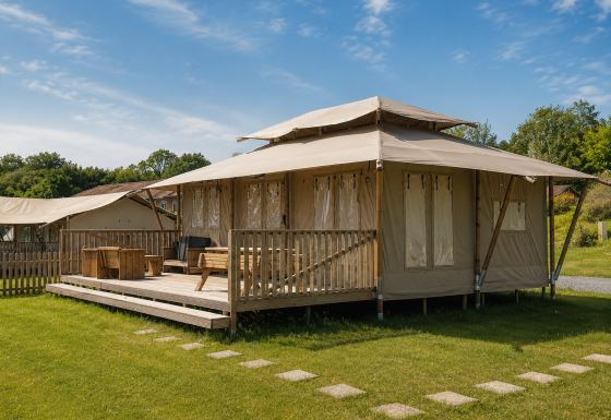 Tienda tipo safari Stardust 40 Family Lodge con terraza de madera y muebles al aire libre en entorno verde.