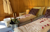 Chambre romantique de la Treehouse Suite à Buytenplaets Suydersee, Pays-Bas, avec des pétales de rose.