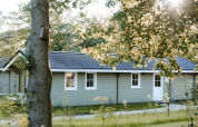 Sonniges Foto einer gemütlichen Lodge mit grauer Fassade, viel Grün und einem Vogelhaus am Baum.
