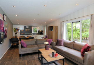 Modernes Wohnzimmer und Küche in L-Pavilion 6 in De Achterhoek, Niederlande, mit großen Fenstern.