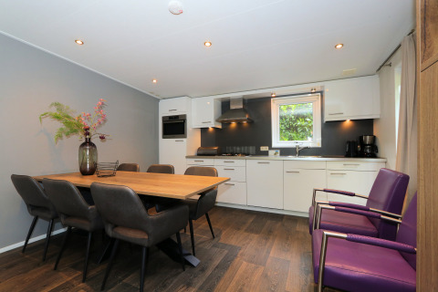 Moderne Ess- und Küchenbereich in der Lodge L-Pavilion 6 in De Achterhoek, Niederlande, stilvoll eingerichtet.