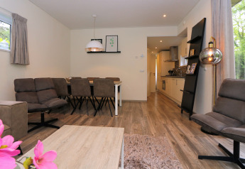 Moderne woonkamer en keuken in Pavilion 6 bij De Achterhoek in Nederland met stijlvolle inrichting.