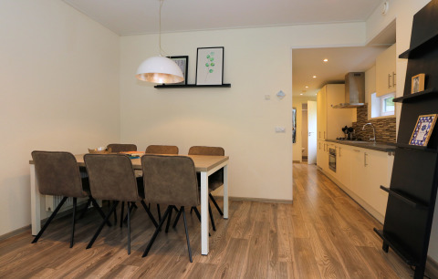 Salle à manger et cuisine moderne du Pavillon 6 à De Achterhoek, Pays-Bas, pouvant accueillir six personnes.