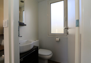 Modern badkamer in lodge 'Cosy Unique' te Maasduinen, Nederland, met wasbak, toilet en raam.