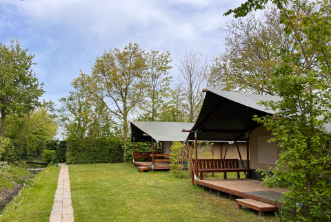 Safari tents at Camping 'de Val' in the Netherlands, surrounded by green trees and grassy lawns under sky.