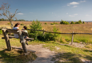 En mor og søn sidder på en bænk ved et glamping-sted med udsigt over en smuk eng og blå himmel.