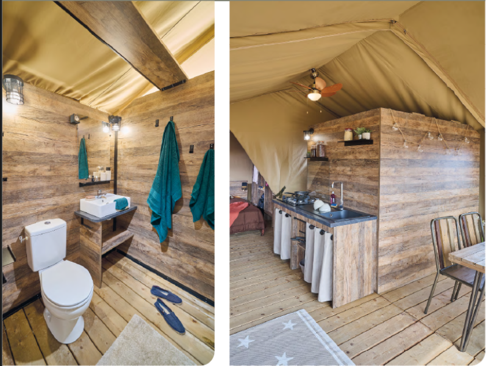 Interieur van een safaritent bij Kenya Lodge, Flower Camping Le Pont du Tarn in Frankrijk, met badkamer en keuken.