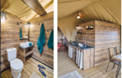 Interno di una tenda safari al Kenya Lodge, Flower Camping Le Pont du Tarn in Francia, con bagno e cucina.