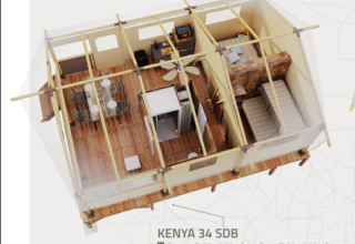 Binnenzicht van de Kenya Lodge safaritent op Flower Camping Le Pont du Tarn in Frankrijk met eet- en slaapgedeelte.