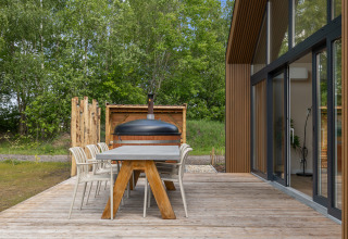 Buitenterras van Forest villa «Heidehaas» in De Kremmer, Nederland, met eettafel, stoelen en bosuitzicht.