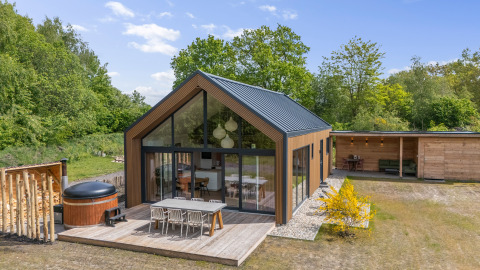 Moderne houten forest lodge met terras bij Forest villa «Heidehaas» te De Kremmer, Nederland, zonnig.