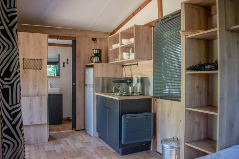 Interior de una tienda safari con cocina compacta, estantes abiertos, nevera y vista al baño.
