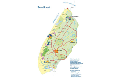 Karte von Texel mit markierten Glamping-Unterkünften, Straßen und Ortschaften auf der Insel.