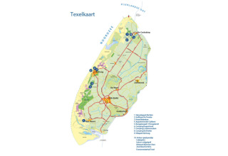Karte von Texel mit markierten Glamping-Unterkünften, Straßen und Ortschaften auf der Insel.