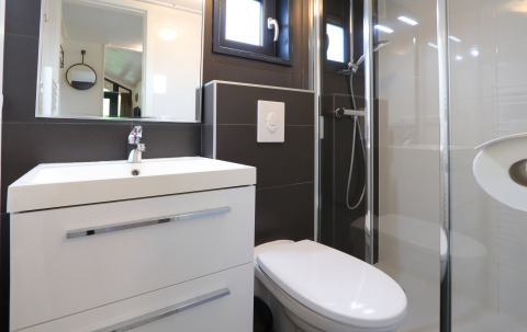 Modern en compact badkamer in de Tiny Lodge, De Wije Werelt, Nederland, met douche en toilet.