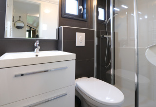 Modern en compact badkamer in de Tiny Lodge, De Wije Werelt, Nederland, met douche en toilet.