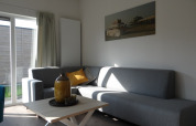 Modernes Wohnzimmer in Lodge 4, Breeduyn Village, Belgien, mit grauem Sofa, Couchtisch und Wandbild.