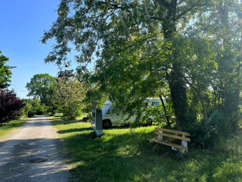 Camping Vauban en Grand Est, Francia: banco bajo un árbol, caravana y zona verde junto a un camino de grava.