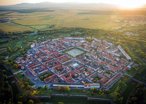 Luchtfoto van Neuf-Brisach in Grand Est, Frankrijk, met het opvallende achthoekige vestingstadsontwerp.