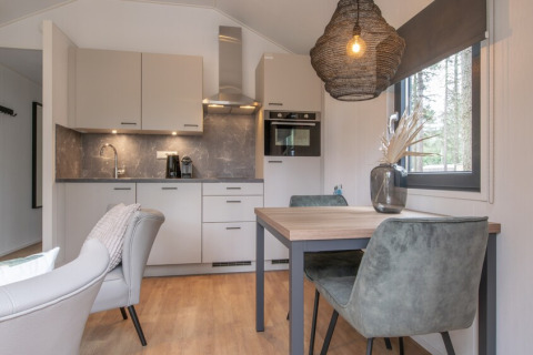 Interni accoglienti di una tiny house con cucina moderna a Bospark 't Wolfsven, Paesi Bassi.