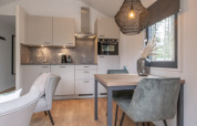 Modern and cozy tiny house kitchen and dining area at Tiny House 2, Bospark 't Wolfsven, Netherlands.