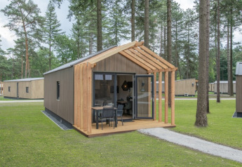 Tiny House 2, une petite maison en bois avec terrasse et mobiliers, située au cœur d'une forêt paisible.