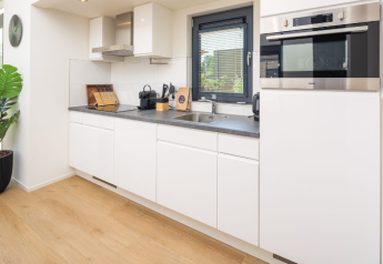 Cucina moderna bianca con forno, finestra, piante e pavimento in legno nella lodge Cannenburch Deluxe.