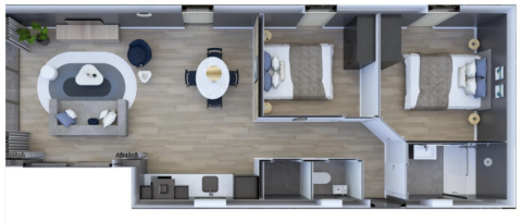 Plattegrond van een lodge met twee slaapkamers, leefruimte, badkamer en eetgedeelte in Veluwe park de Bosgraaf.