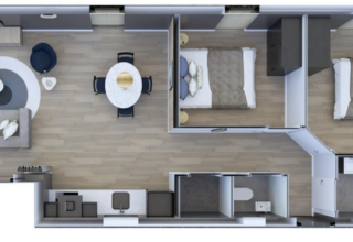 Plattegrond van een lodge met twee slaapkamers, leefruimte, badkamer en eetgedeelte in Veluwe park de Bosgraaf.