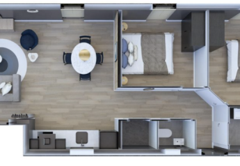 Floor plan of a lodge with two bedrooms, living room, bathroom, and dining area at Veluwe park de Bosgraaf.