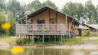 Tente safari de luxe au bord de l'eau avec terrasse en bois sur pilotis, entourée de forêt verdoyante.