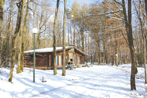 Snow-covered chalet 'De Boshut' in Belgium, surrounded by trees, benches and a beautiful winter scene.