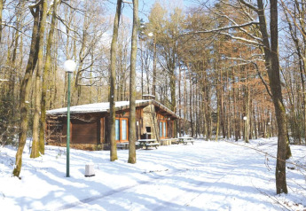 Snow-covered chalet 'De Boshut' in Belgium, surrounded by trees, benches and a beautiful winter scene.
