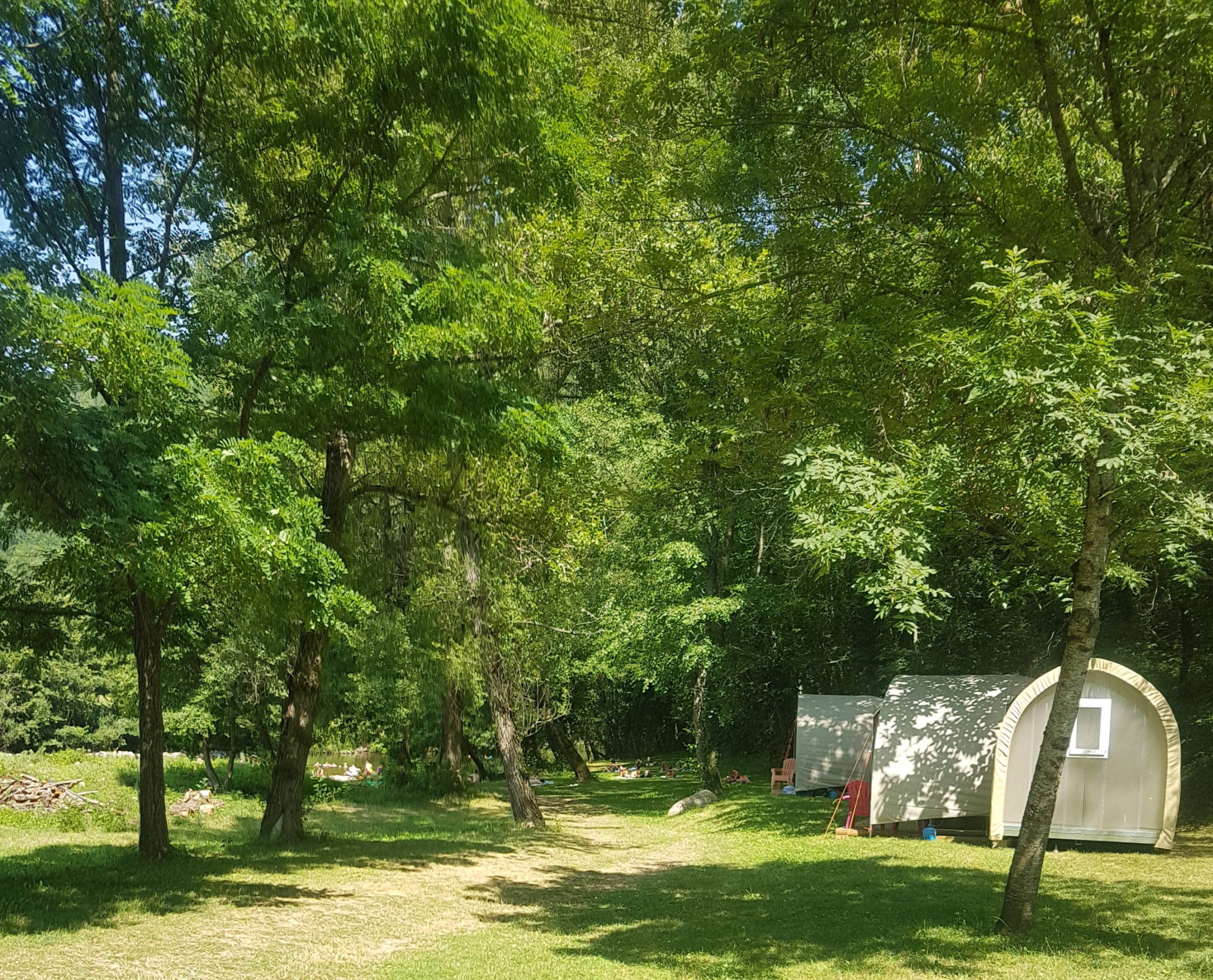 Safari-tent Coco Sweet bij Flower Camping Le Pont du Tarn in Frankrijk, omringd door groene bomen.
