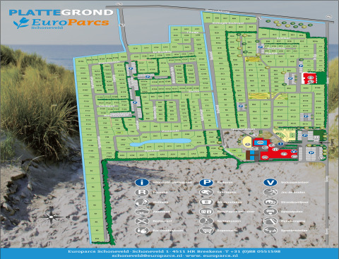 Map of EuroParcs Schoneveld, showing lodge plots, key facilities, parking lots, and recreational zones.