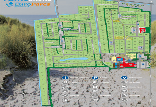 Map of EuroParcs Schoneveld, showing lodge plots, key facilities, parking lots, and recreational zones.