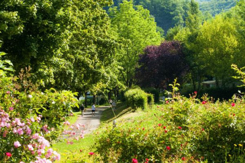Sentiero verdeggiante con persone, fiori e alberi a Seasonova Camping Les Rives d'Olt et Aubrac, Francia.