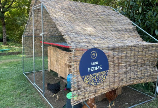Pollaio con il cartello 'Mini Ferme' in un parco verde presso Seasonova Camping Les Rives d'Olt et Aubrac, Francia.